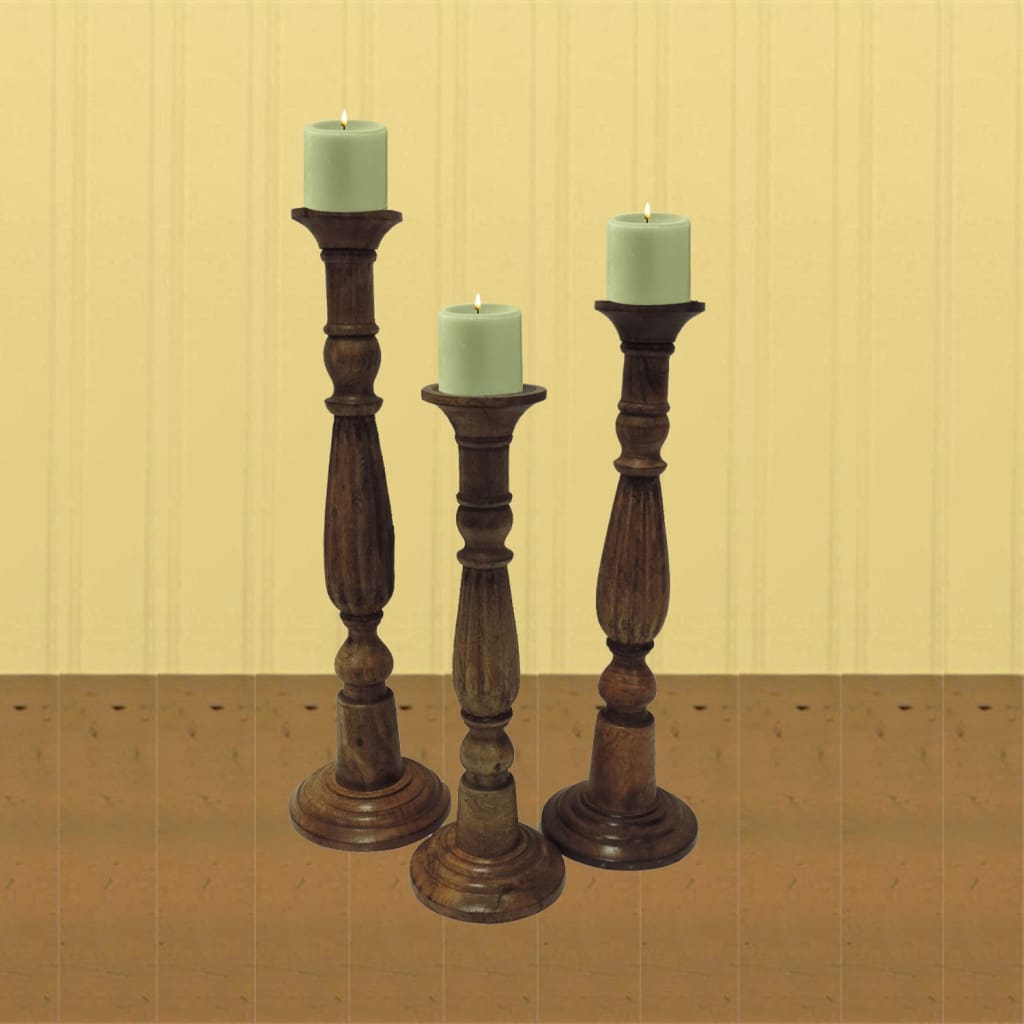 Wooden Natural Finish Pillar Shaped Candleholder Set of 3 Brown 14194