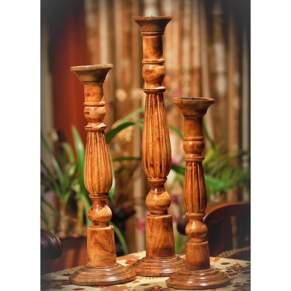 Taki Benzara Wooden Natural Finish Pillar Shaped Candleholder, Set of 3, Brown By Casagear Home