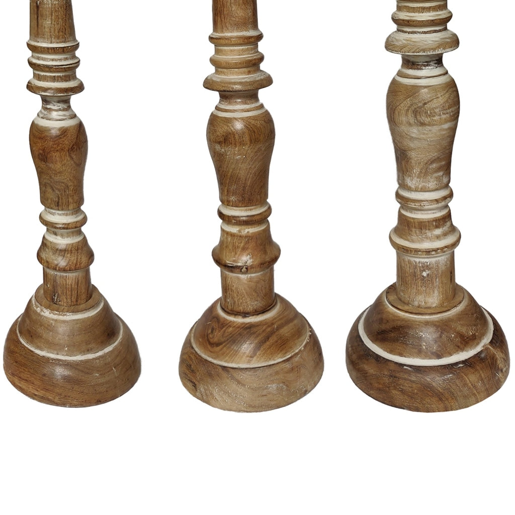 3 Piece Turned Body Distressed Candle Holder Brown By Casagear Home 14343