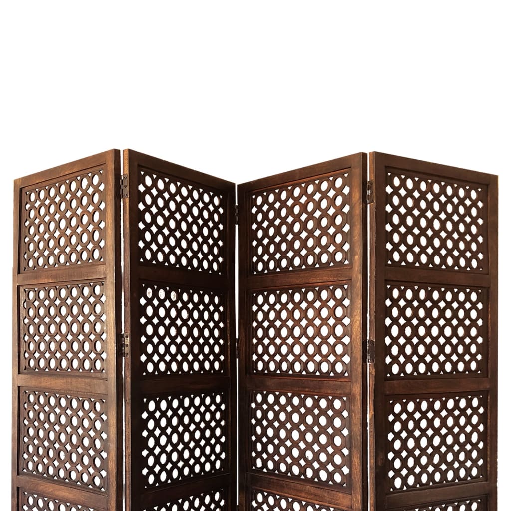 Decorative Four Panel Mango Wood Hinged Room Divider with Circular Cutout Design Brown 34010