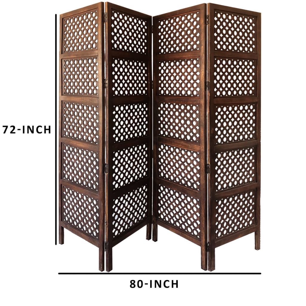 Decorative Four Panel Mango Wood Hinged Room Divider with Circular Cutout Design Brown 34010