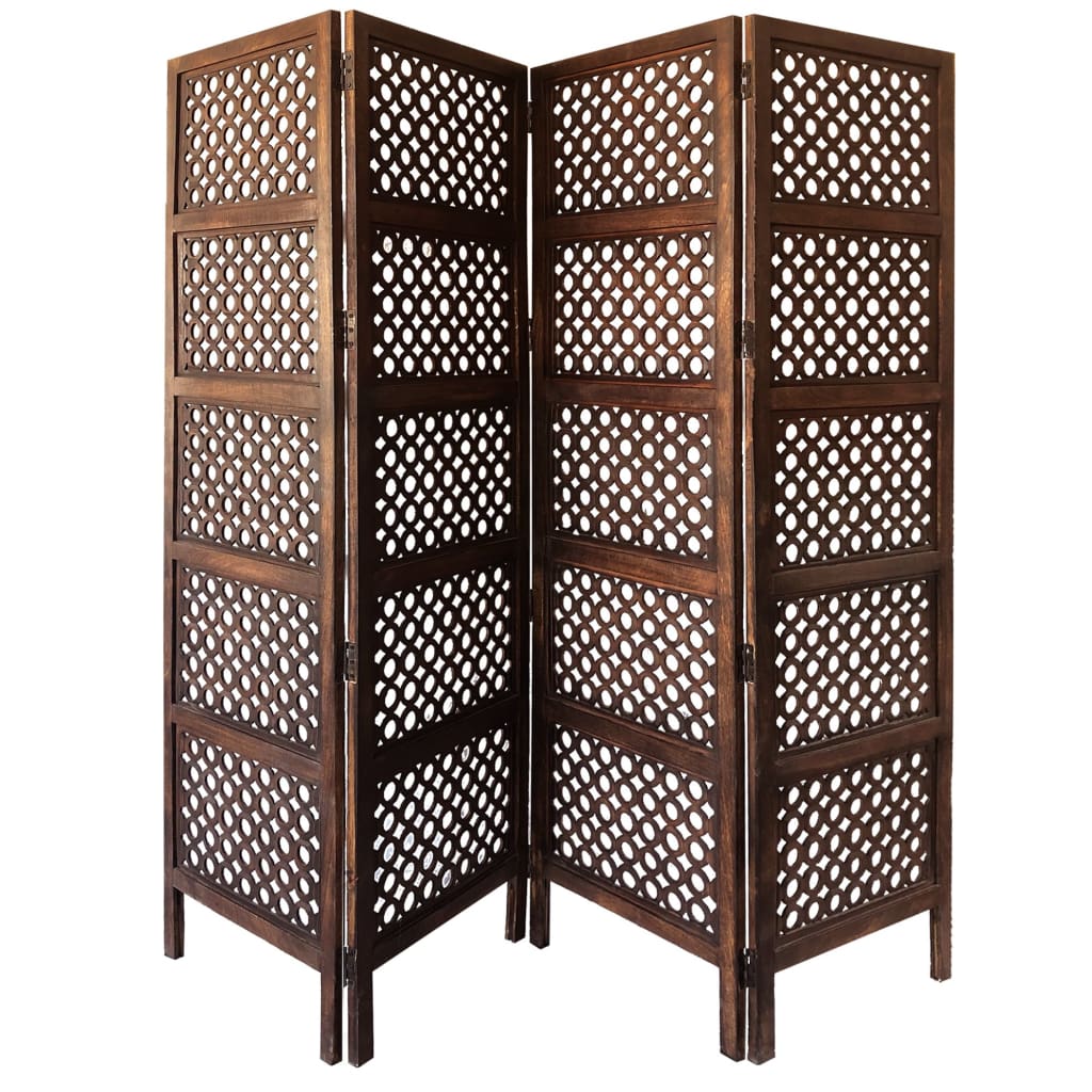 Decorative Four Panel Mango Wood Hinged Room Divider with Circular Cutout Design Brown 34010