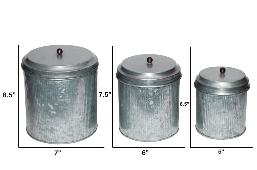 Galvanized Metal Lidded Canister With Ribbed Pattern Set of Three Gray 38164