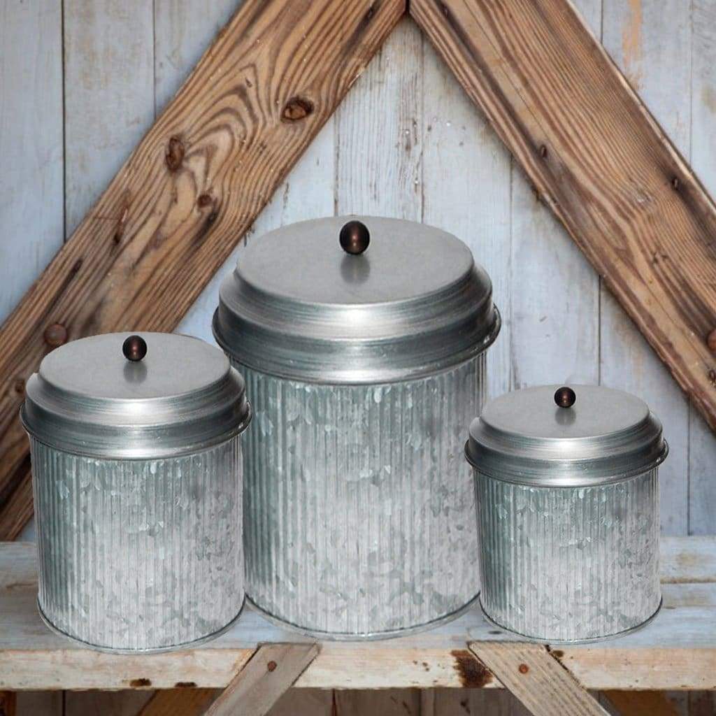 Galvanized Metal Lidded Canister With Ribbed Pattern, Set of Three, Gray