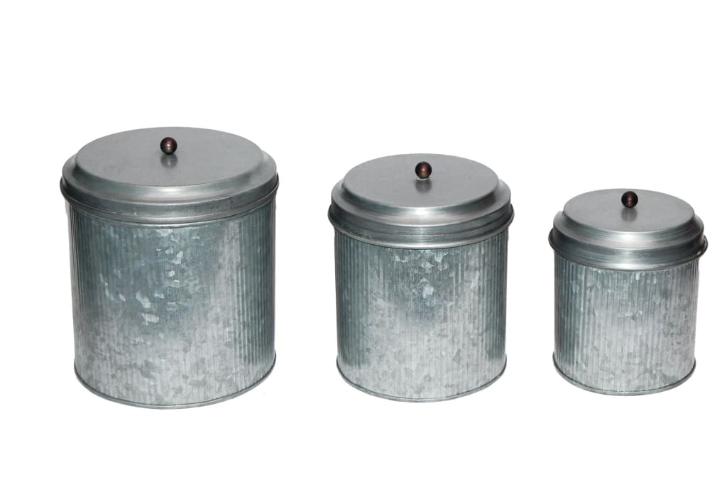 Galvanized Metal Lidded Canister With Ribbed Pattern Set of Three Gray 38164