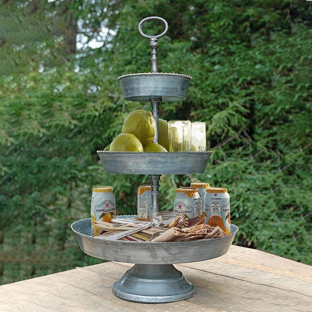 Galvanized 3 Tier Studded Tray In Metal, Silver By Benzara