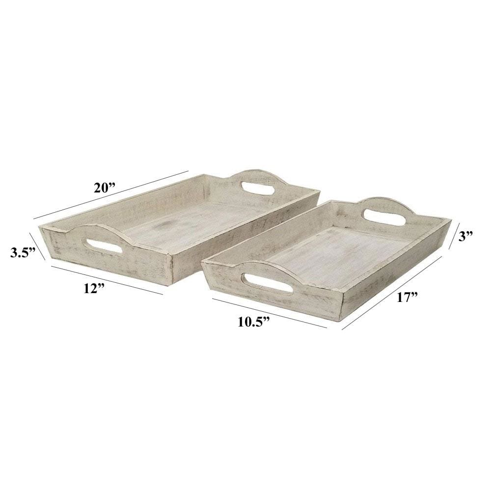 Distressed Wooden Serving Trays With Handles Set Of 2 White By Benzara 39464