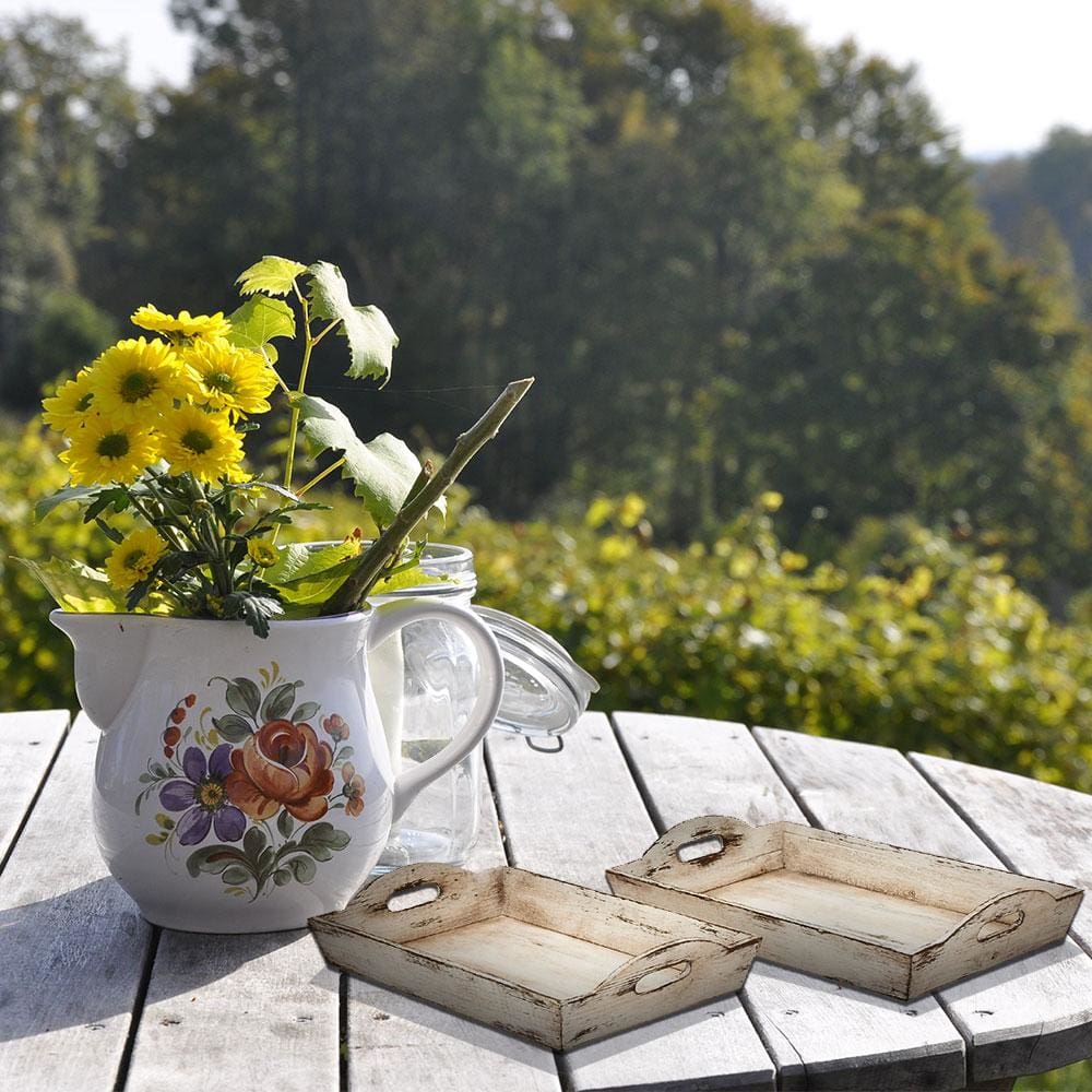 Distressed Wooden Serving Trays With Handles, Set Of 2, White By Benzara