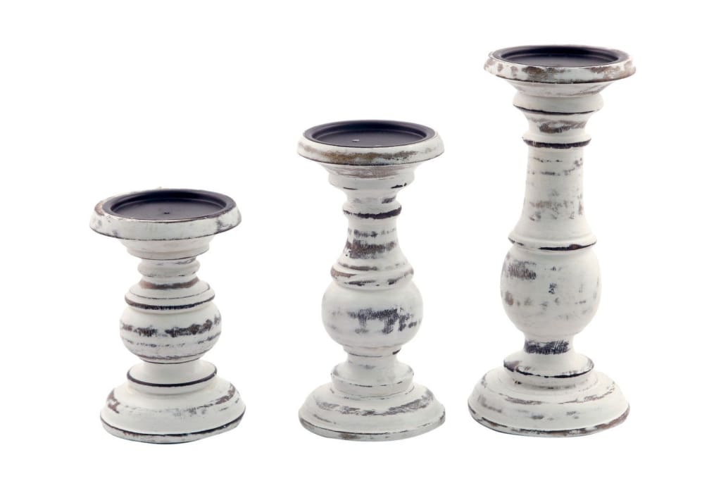 Turned Design Wooden Candle Holder with Distressed Details Set of 3 White By Benzara 51535