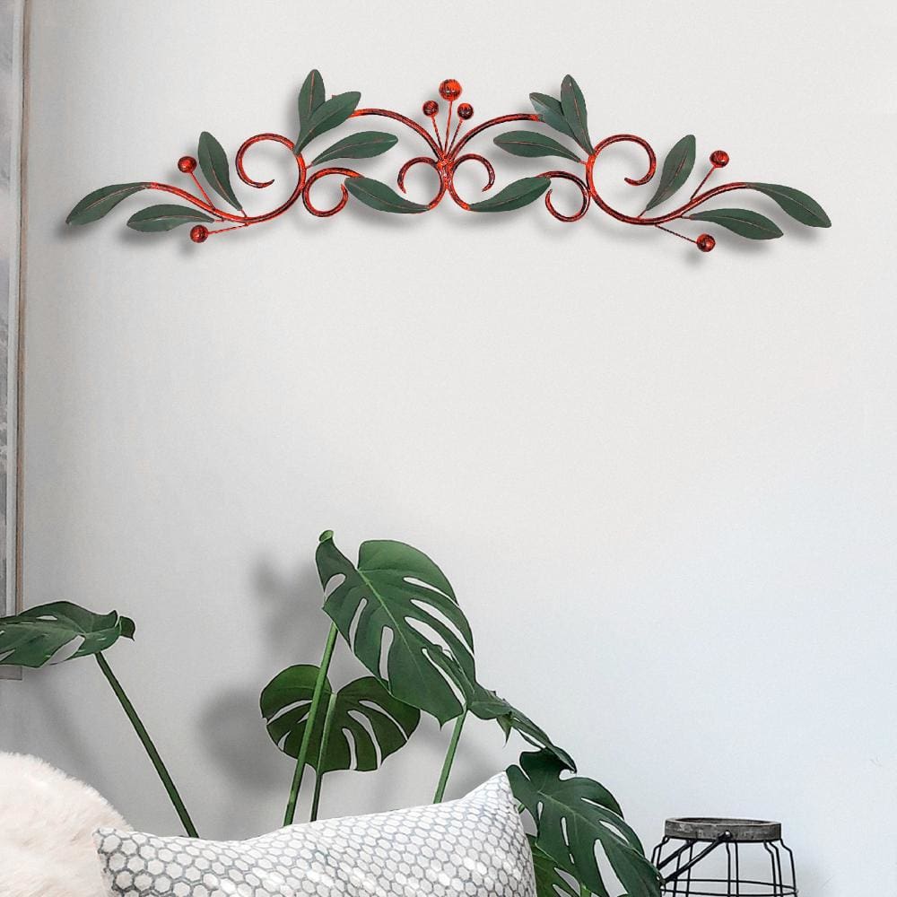 32 Inch Olive Branch Metal Wall Decor, Green And Brown