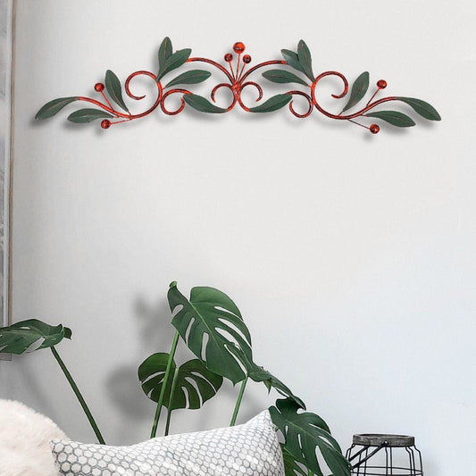 32 Inch Olive Branch Metal Wall Decor, Green And Brown