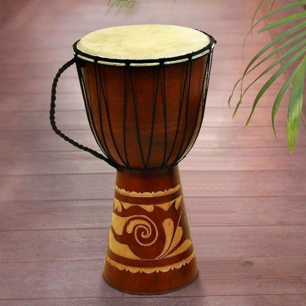 Decorative Wood and Leather Djembe Drum with Side Handle, Large, Brown and Cream