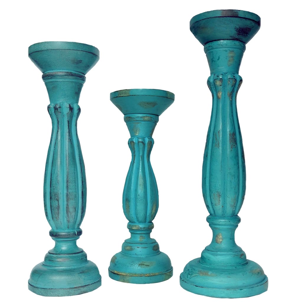 Handmade Wooden Candle Holder with Pillar Base Support Turquoise Blue Set of 3 98765