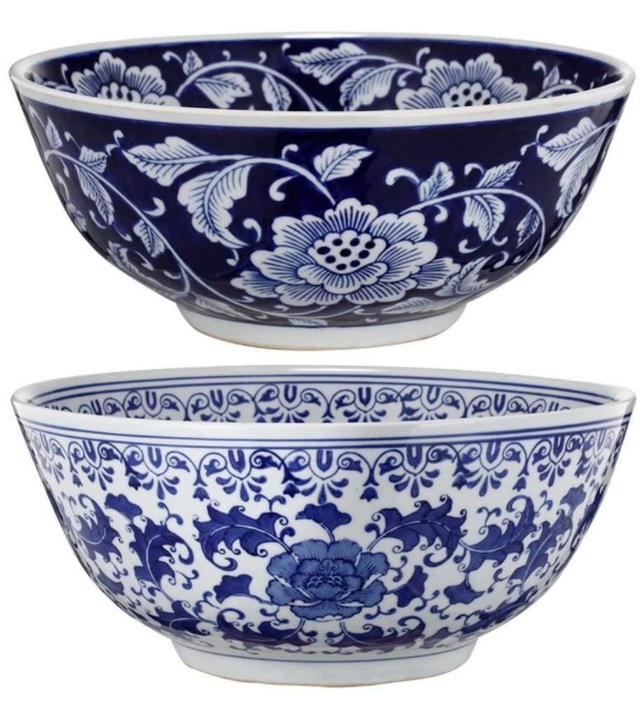 Set Of 2 Ceramic Bowls, Blue And White, By Casagear Home