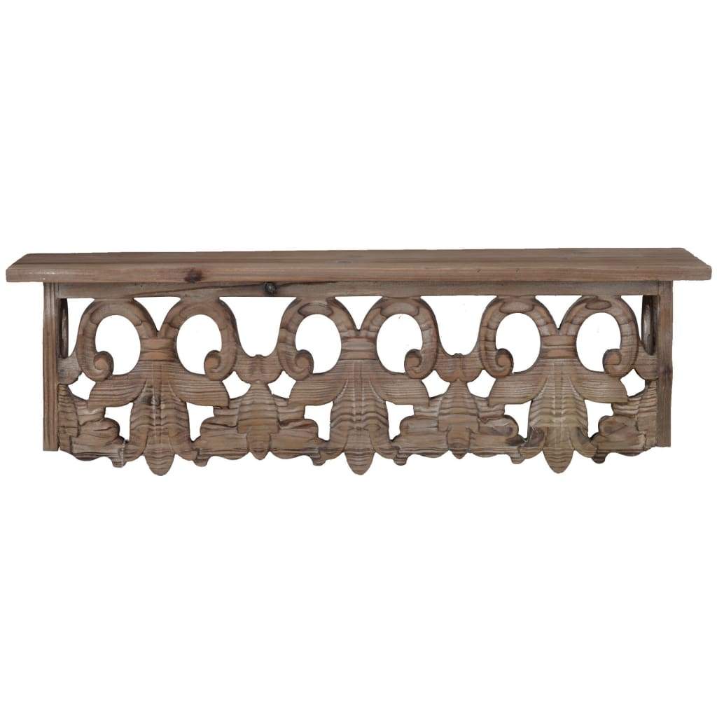 23.5 Inches Wooden Wall Shelf with Scrollwork, Small, Brown By Casagear Home