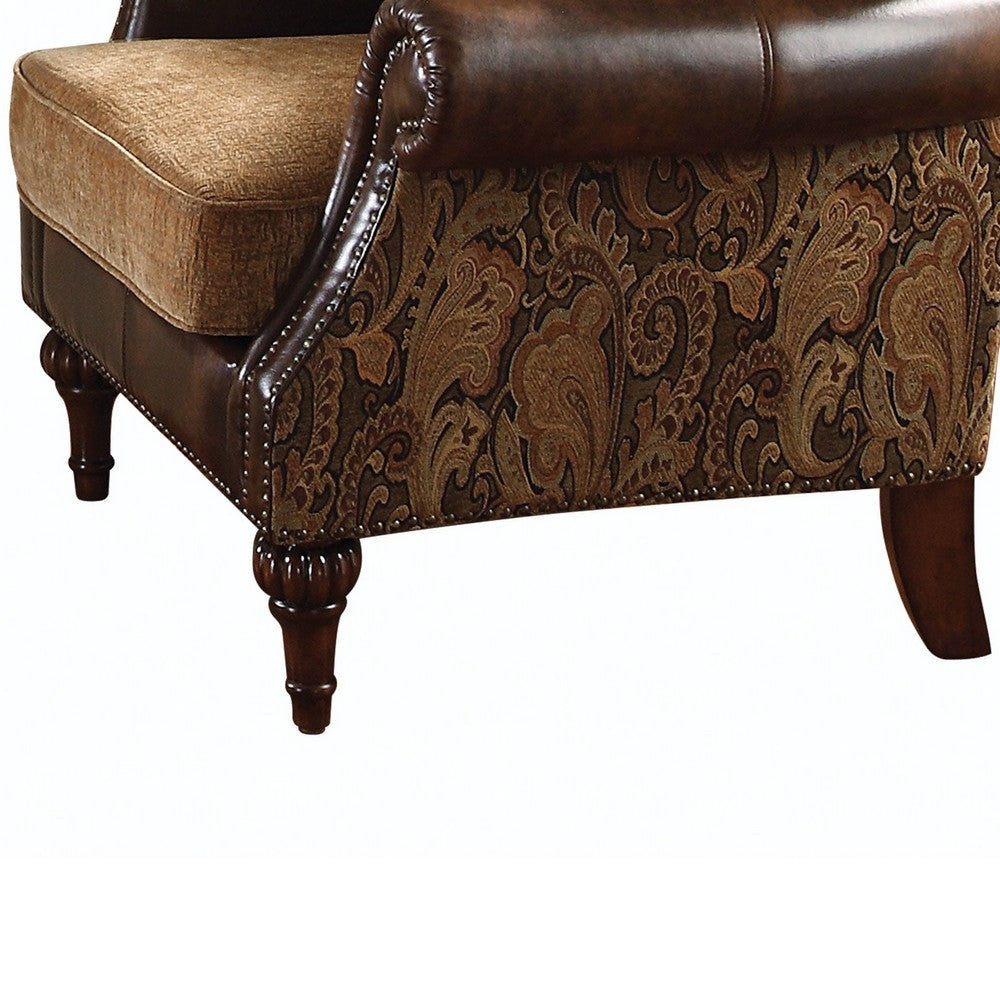 Leather & Fabric Upholstered Armchair With One Pillow Brown By Casagear Home AMF-05497