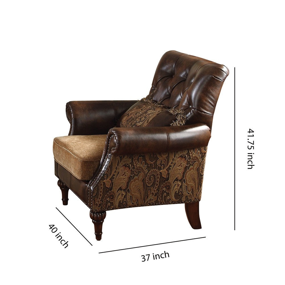 Leather & Fabric Upholstered Armchair With One Pillow Brown By Casagear Home AMF-05497