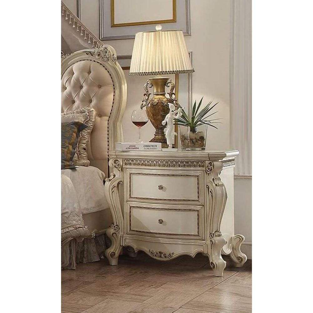 Two Drawer Nightstand With Carved Details And Cabriole Legs, Antique Pearl