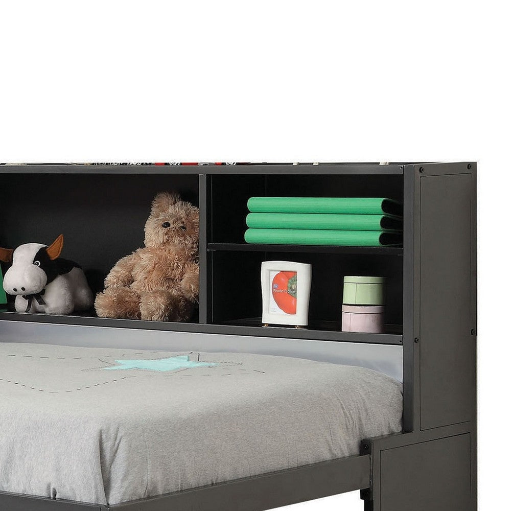 Metal Twin Bed with Bookcase and Rollout Trundle Black and Silver By Casagear Home AMF-37225T