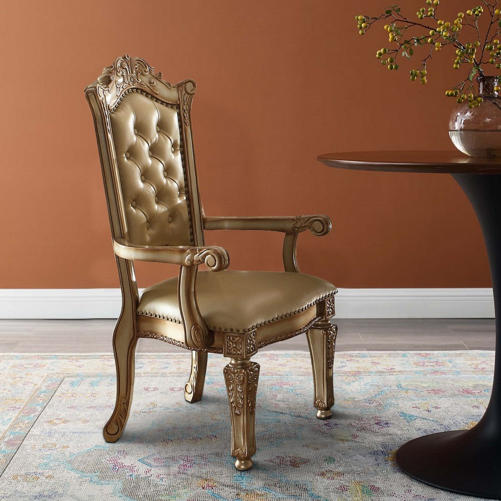 27 Inch Wood Dining Side Chair, Faux Leather, Set of 2, Gold