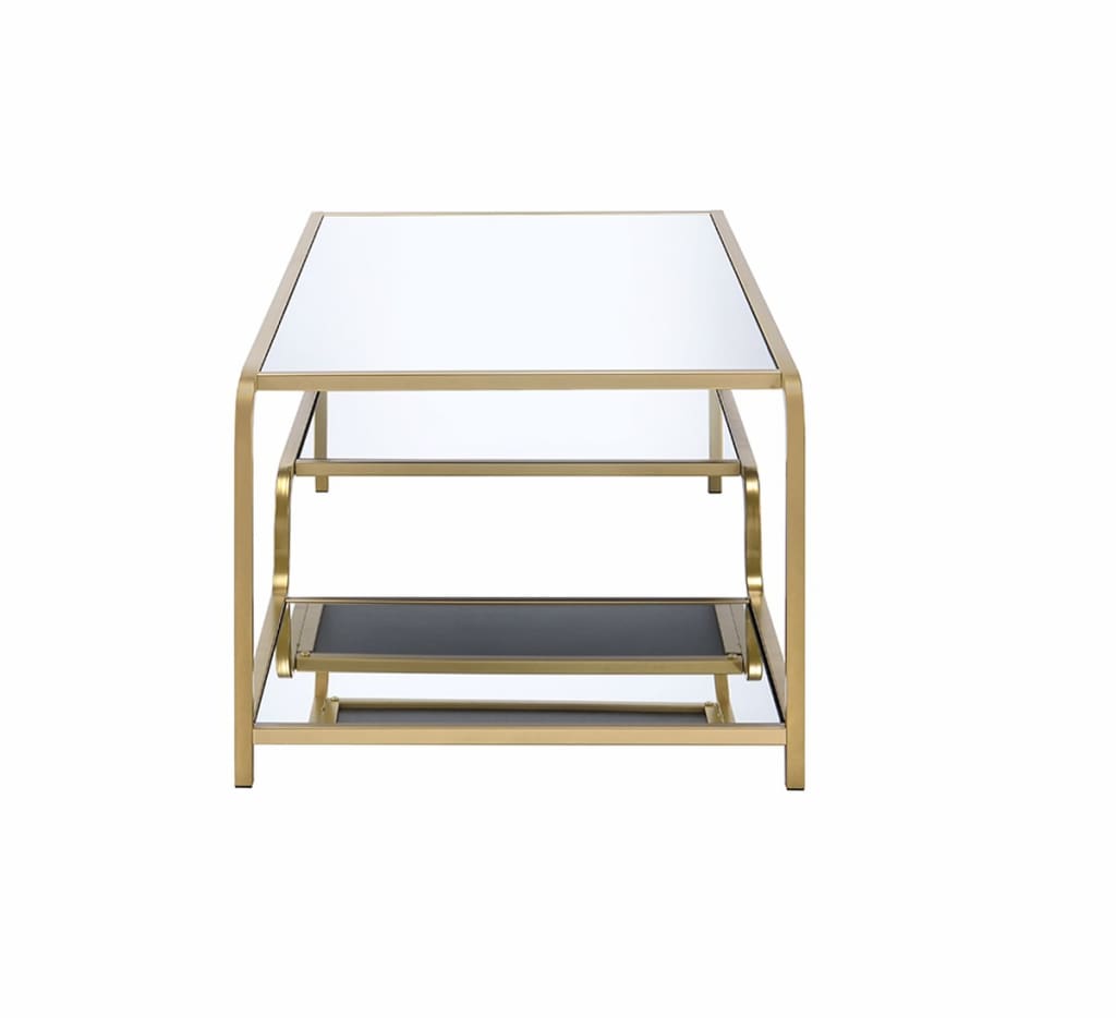 Metal Framed Mirror Coffee Table with Tiered Shelves Gold and Mirror By Benzara AMF-81090