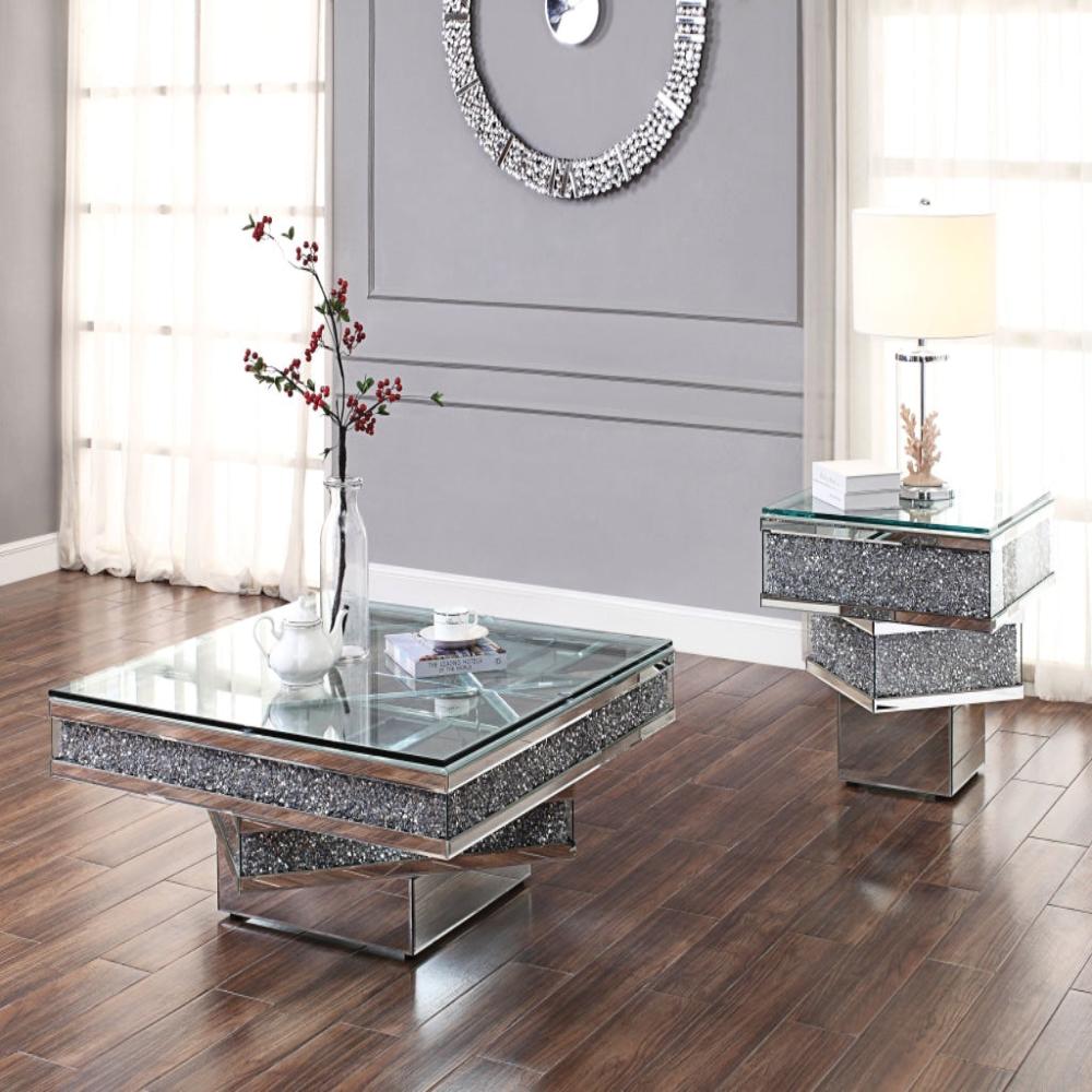 Wood and Mirror End Table with Tier Design, Clear By Casagear Home