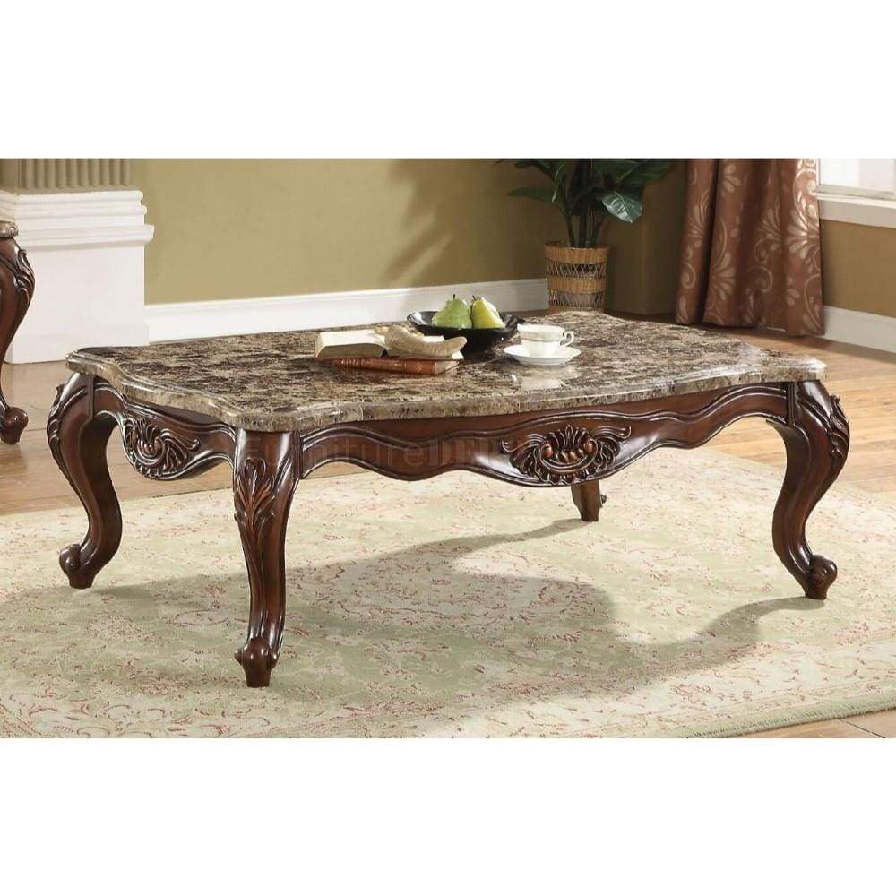 20" Carved Wooden Coffee Table with Marble Top, Brown