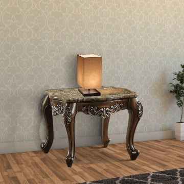 Wooden End Table with Marble Top in Antique Oak Brown