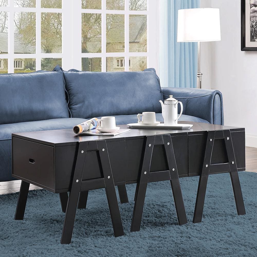 Three Drawers Wooden Convertible Coffee Table with Angled Legs, Black - 84150