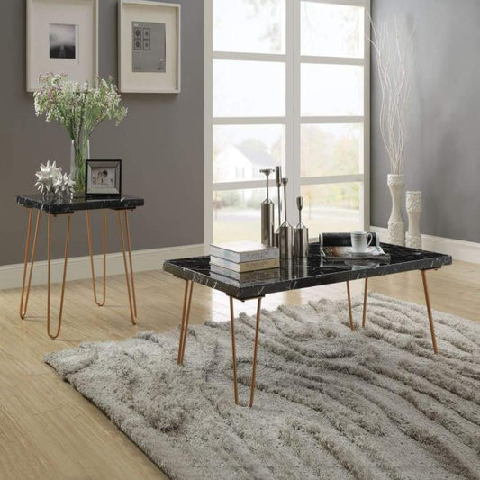 Black Marble Top End Table With Metal Hairpin Style Legs In Gold