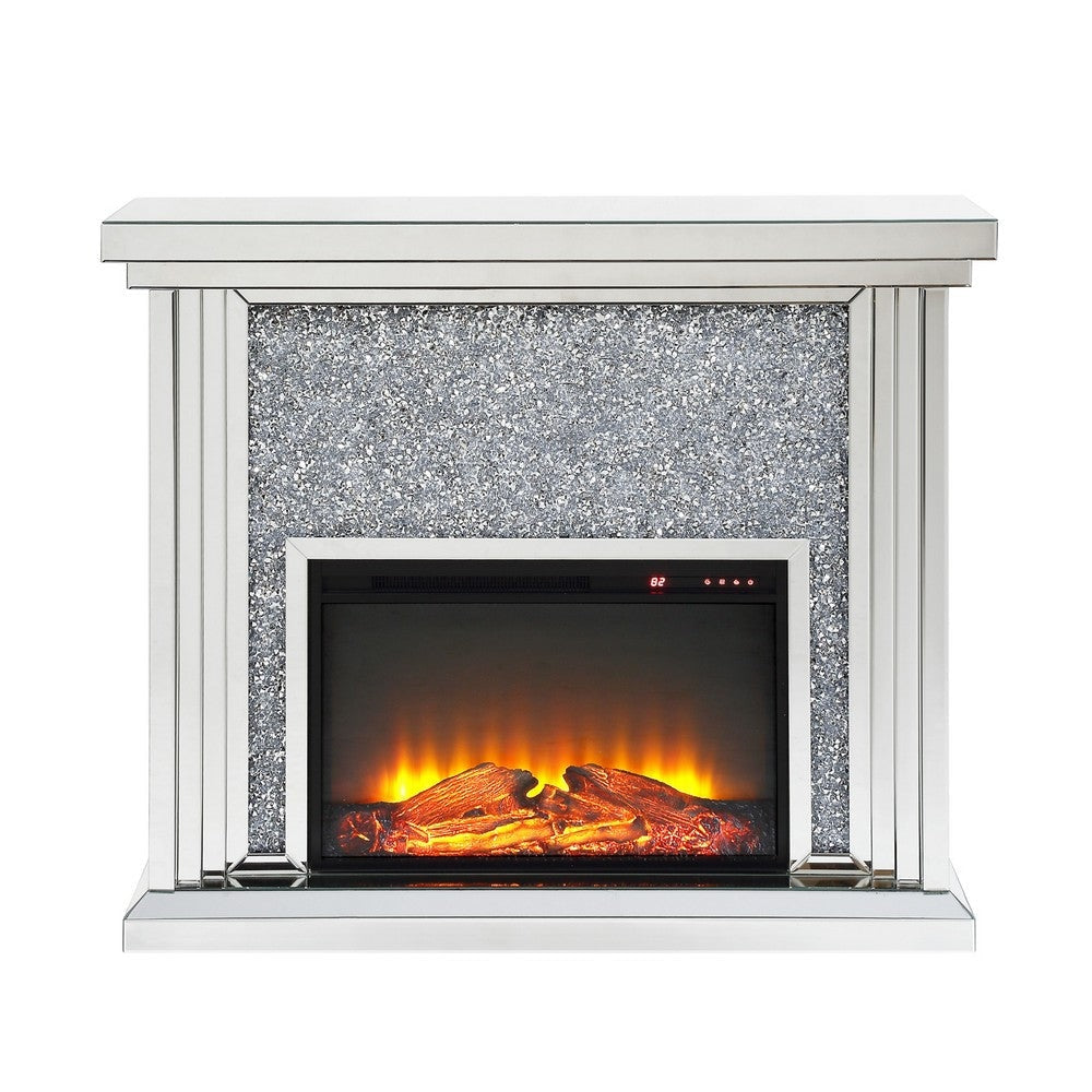 Wood and Mirror Electric Fireplace with Faux Crystals Inlay Clear and Black By Casagear Home AMF-90455