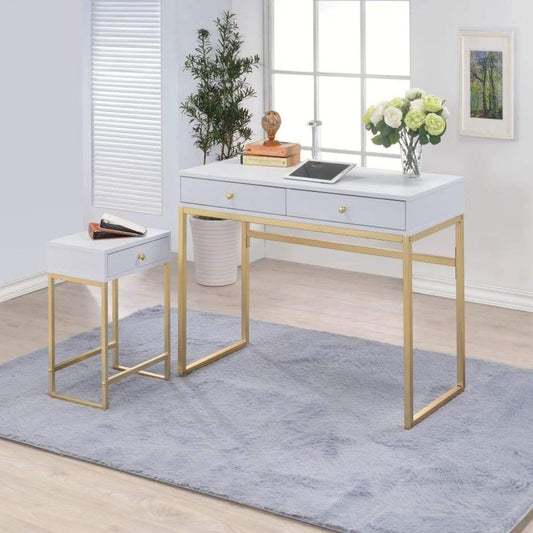 2 Drawer Wooden Desk with Sled Base, White and Gold