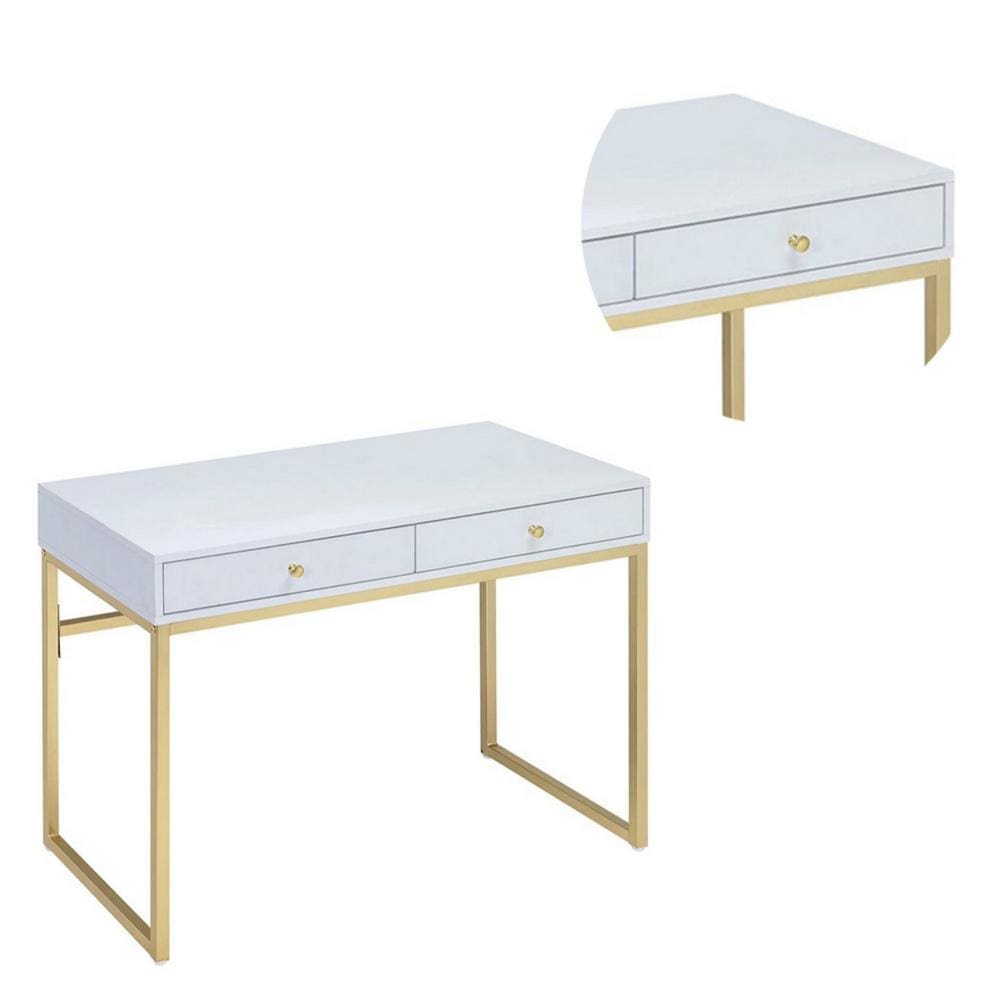 2 Drawer Wooden Desk with Sled Base White and Gold AMF-92312