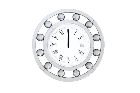 Mirrored Round Shape Wooden Wall Clock, White By Casagear Home