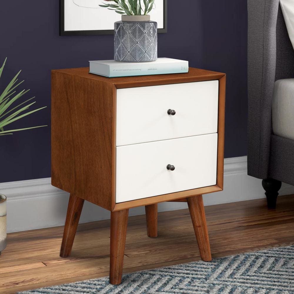 Stylish Wooden Nightstand With Two Drawers and Flared Legs, Brown and White - 999-02 By Casagear Home