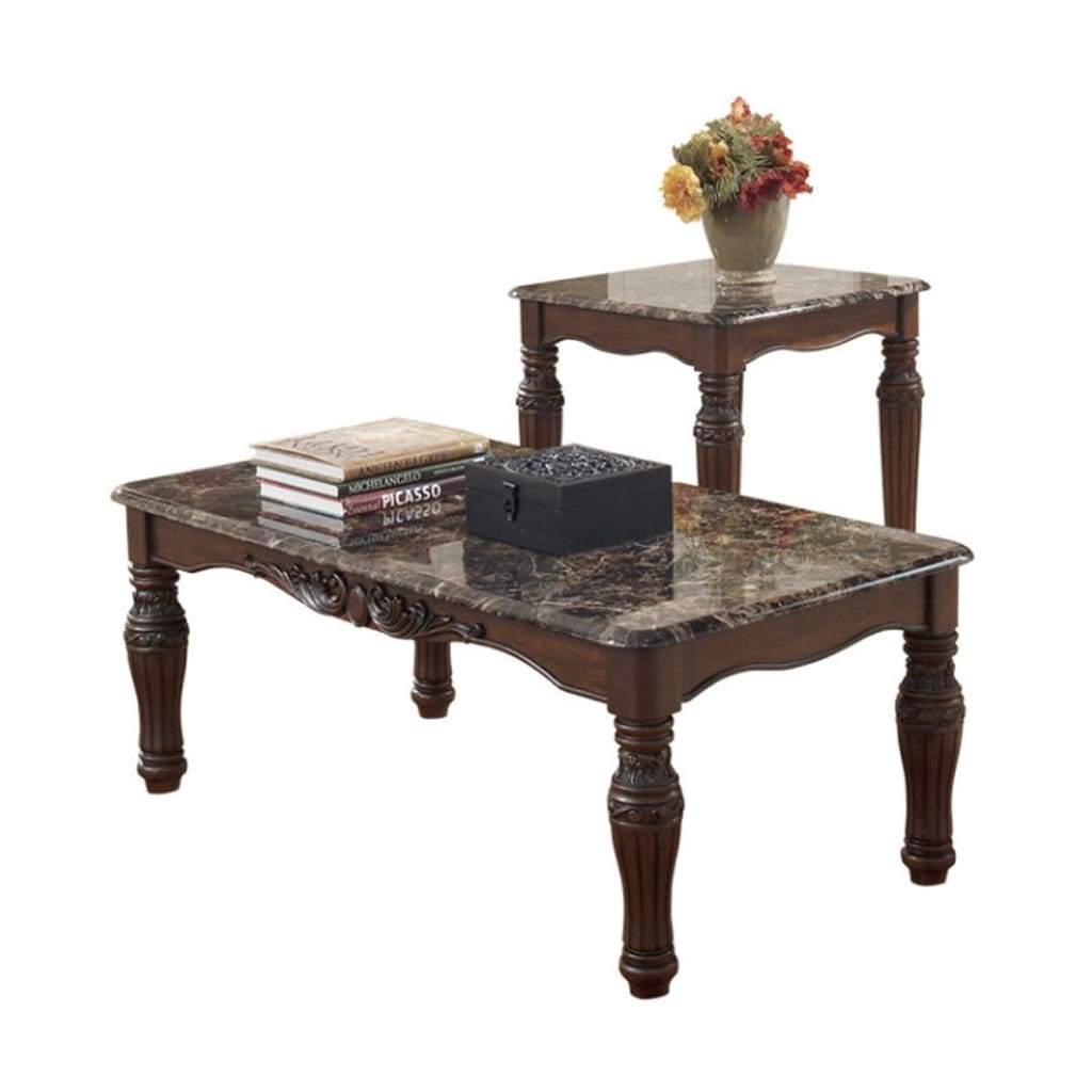 Traditional Style Wooden Table Set with Turned Legs and Faux Marble Top Set of Three Dark Brown - T533-13 AYF-T533-13