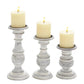 Turned Design Wooden Candle Holder with Distressed Details Set of 3 White By Benzara 51535