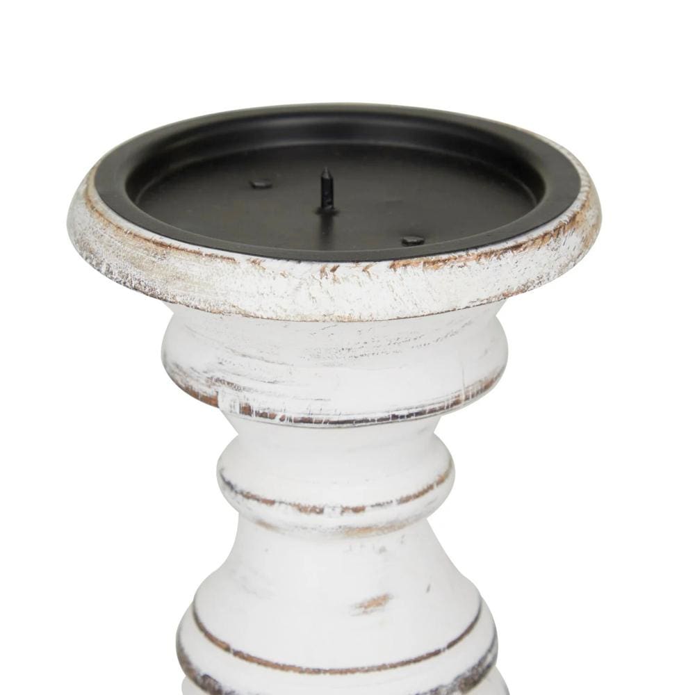 Turned Design Wooden Candle Holder with Distressed Details Set of 3 White By Benzara 51535