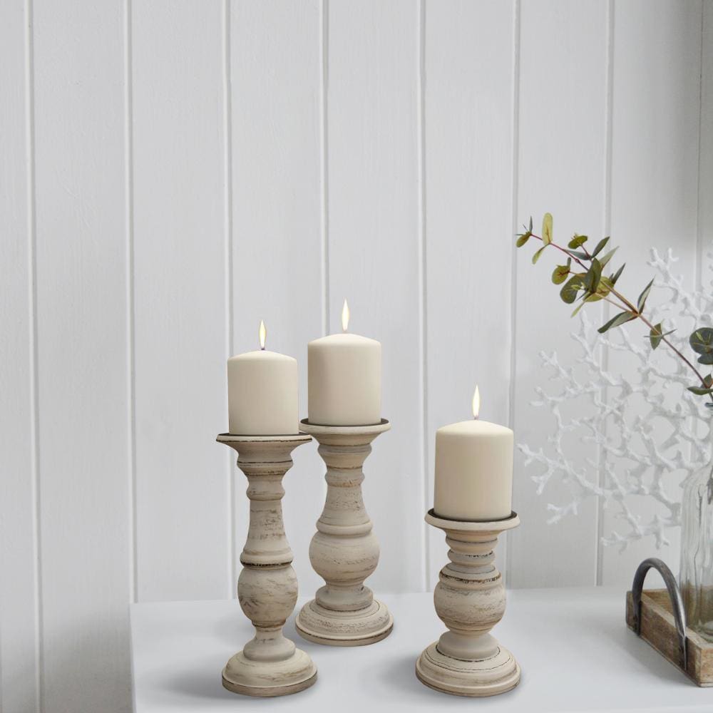 Turned Design Wooden Candle Holder with Distressed Details Set of 3 White By Benzara 51535