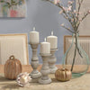 Turned Design Wooden Candle Holder with Distressed Details Set of 3 White By Benzara 51535