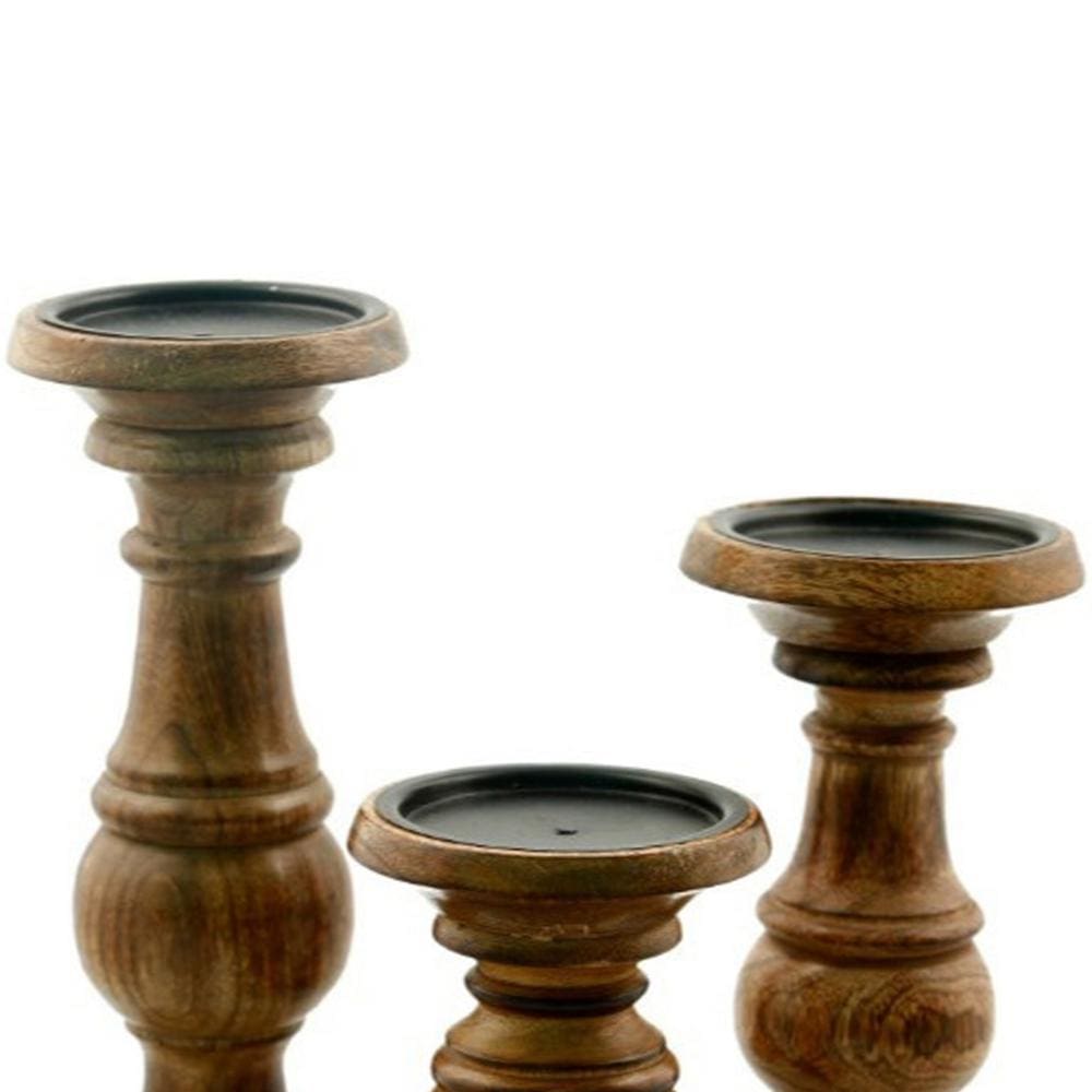 Pillar Shaped Wooden Candle Holder Set of 3 Brown 51536