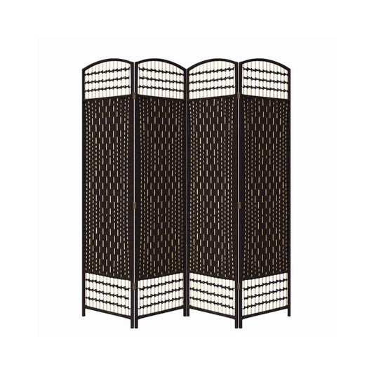 67 Inch 4 Panel Room Divider Screen, Wood, Paper Straw, Arched Top, Espresso Brown By Casagear Home