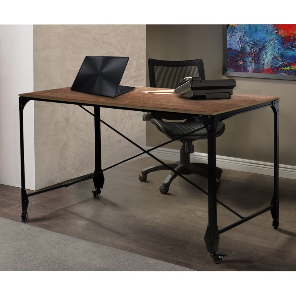 Industrial Style Home Office Desk with Rectangular Wooden Top and Metal Legs, Brown and Bronze