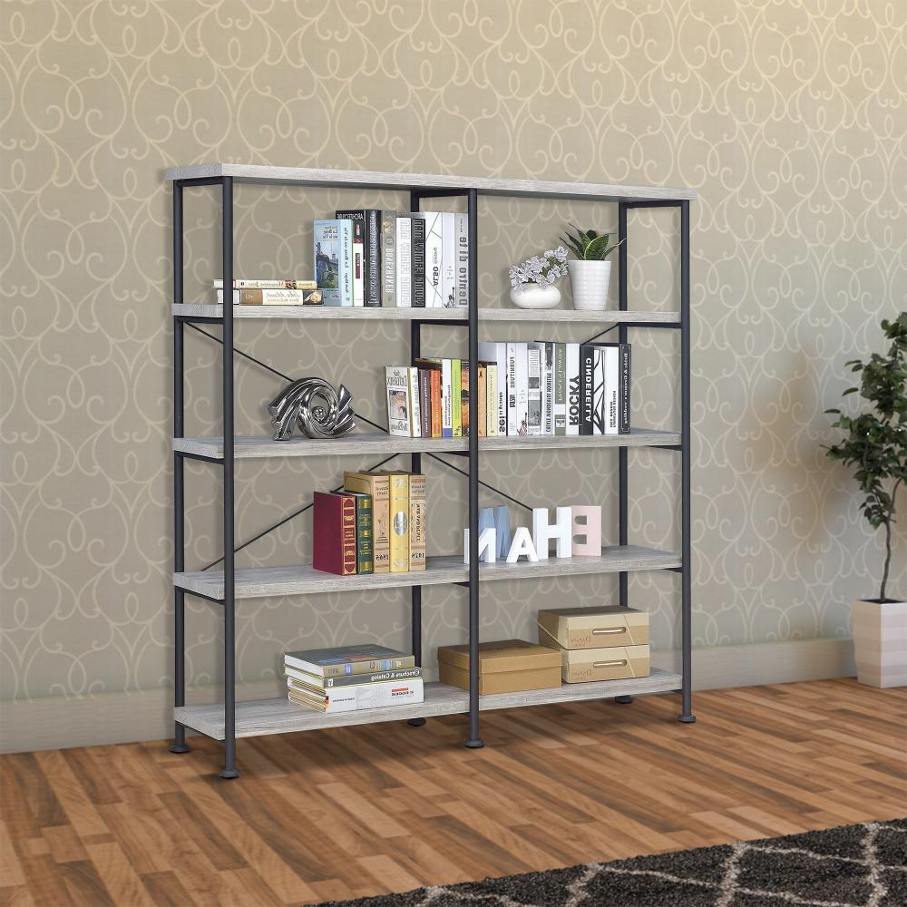 Olga 63 Inch Industrial 4 Tier Bookshelf, Particleboard, Metal Frame, Gray, BlackBy The Urban Port