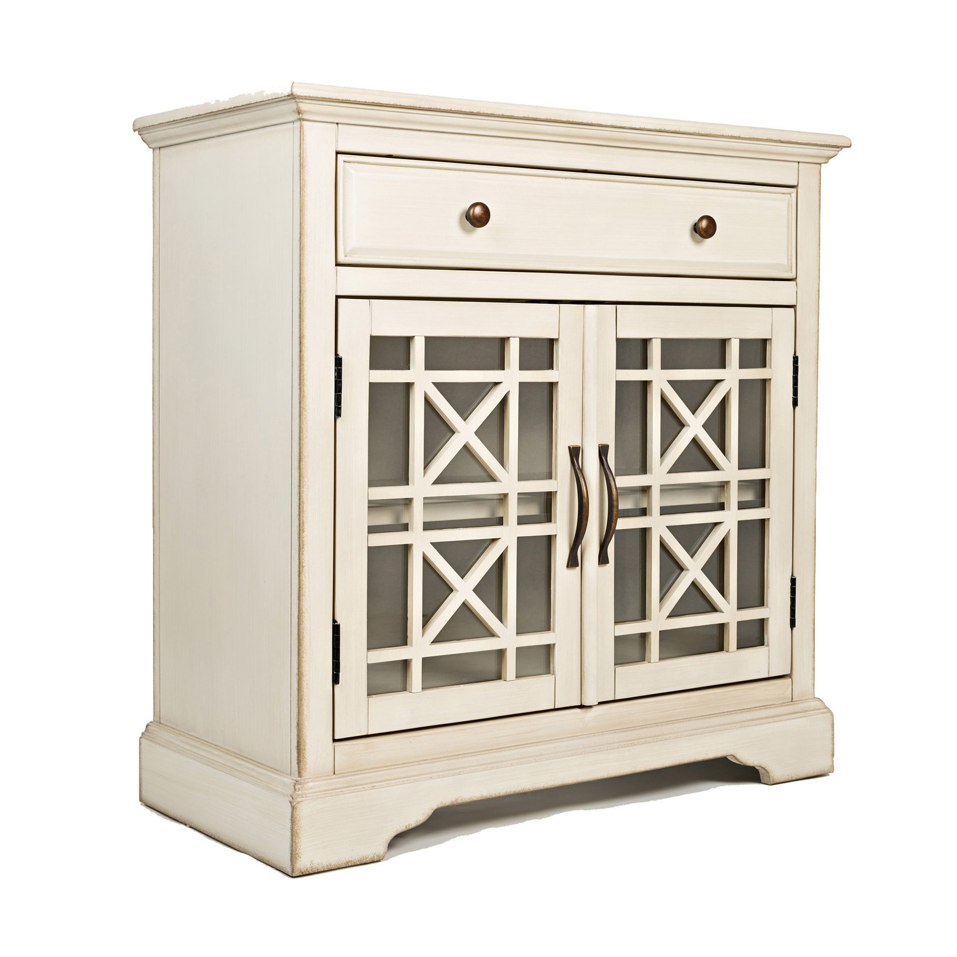 Koi 32 Inch Acacia Wood Accent Cabinet Console, 2 Fretwork Tempered Glass Doors, 1 Shelf, Antique White