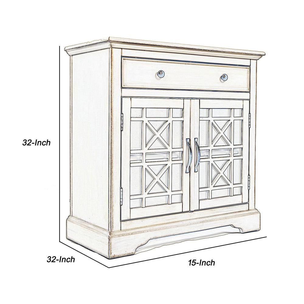 Koi 32 Inch Acacia Wood Accent Cabinet Console 2 Fretwork Tempered Glass Doors 1 Shelf Antique White BM181497