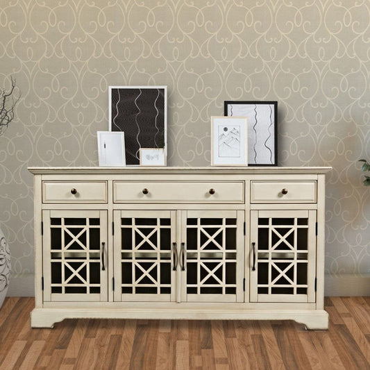 Koi 60 Inch Acacia Wood Sideboard Buffet TV Entertainment Console, 4 Fretwork Glass Doors, Antique White