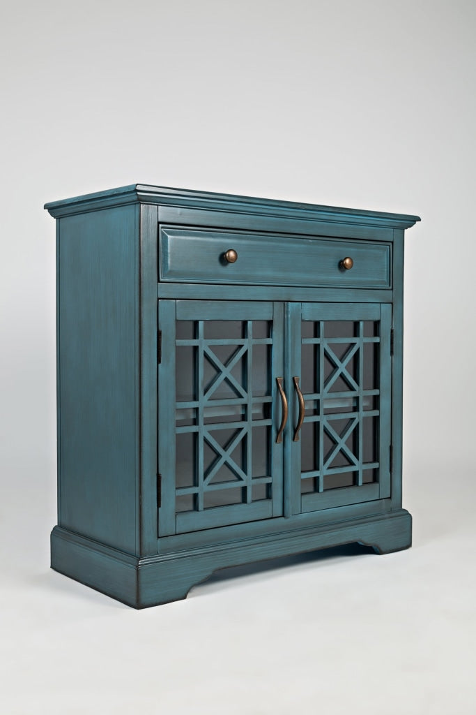 Craftsman Series 32 Inch Wooden Accent Cabinet with Fretwork Glass Front Blue By Casagear Home BM183988