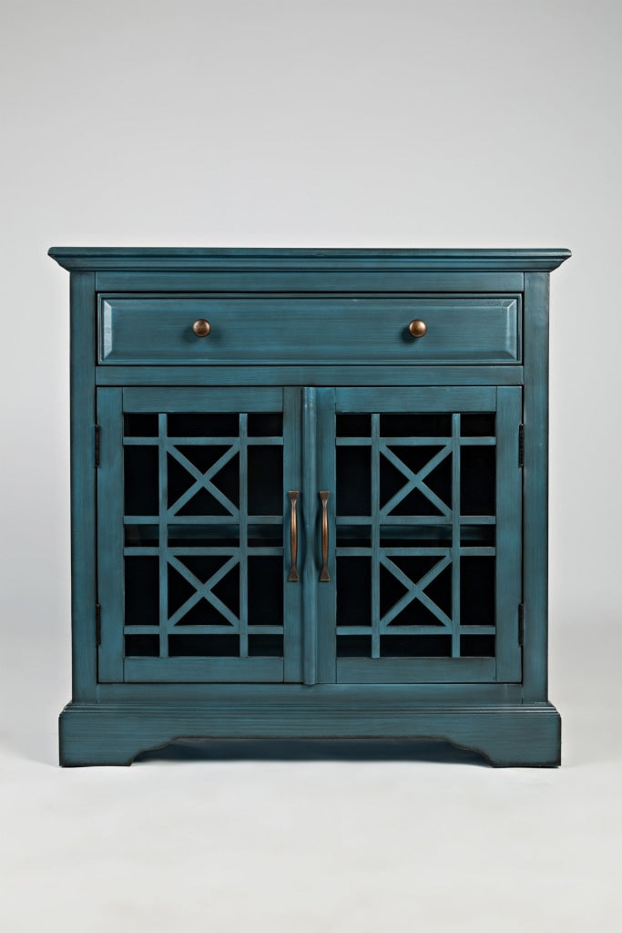 Craftsman Series 32 Inch Wooden Accent Cabinet with Fretwork Glass Front, Blue By Casagear Home