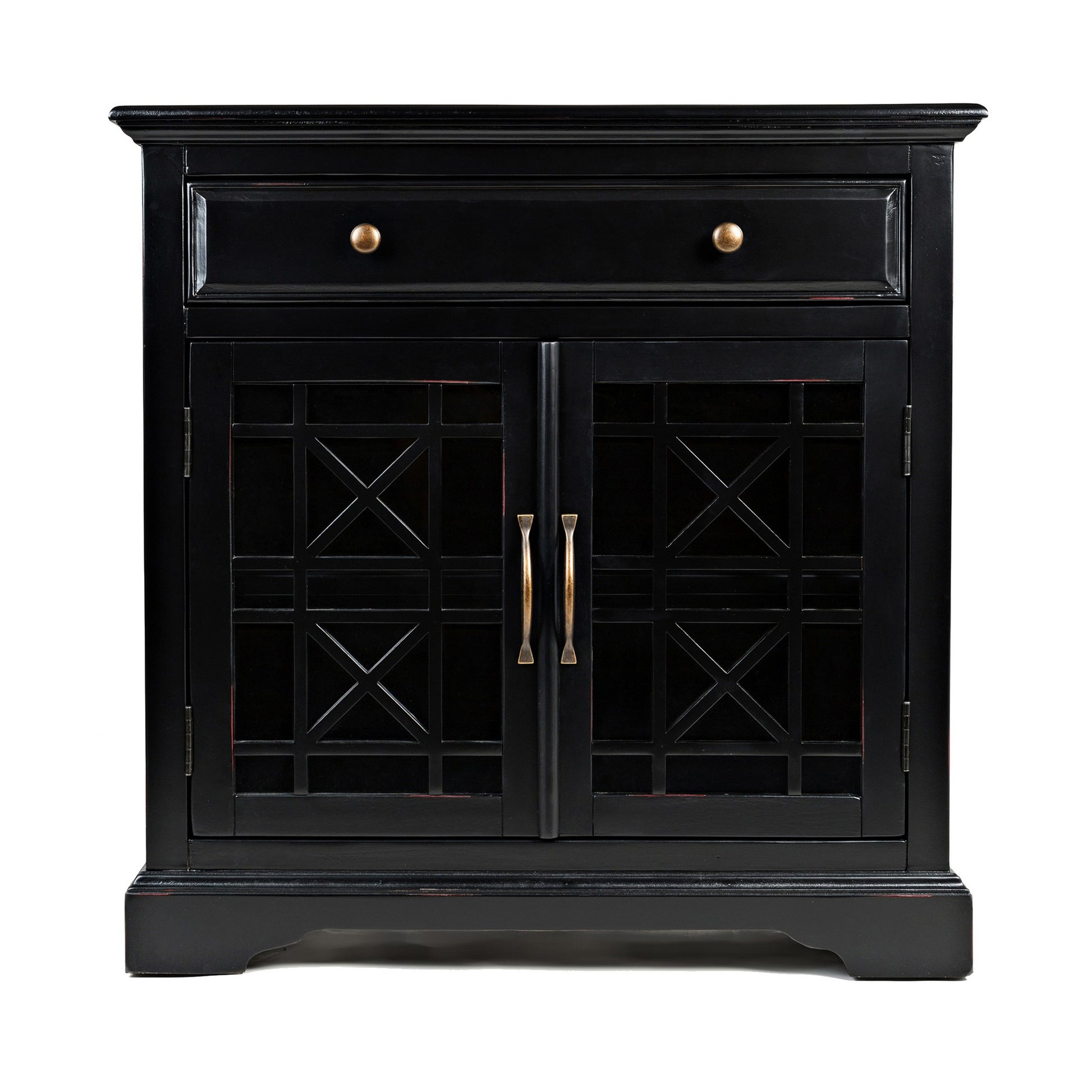 Craftsman Series 32" Wooden Accent Cabinet with Fretwork Glass Front, Black